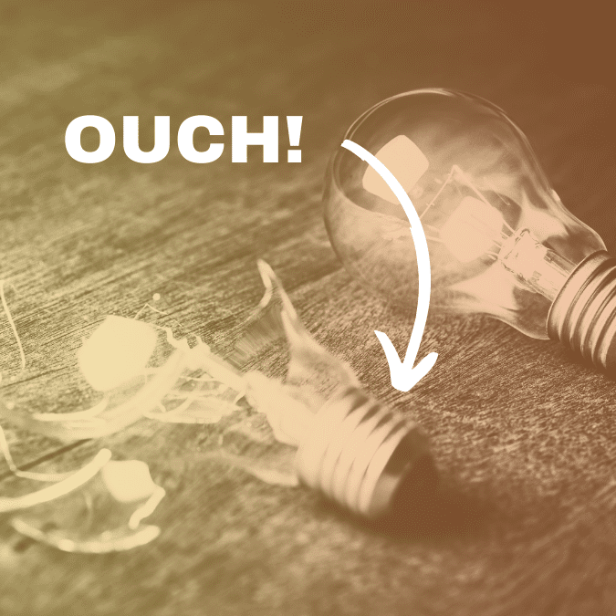 Ouch written across image of two lightbulbs - one is broken - featured image for blog post about 9 common IP mistakes that all businesses should avoid