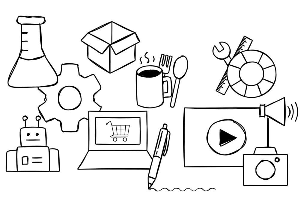 Illustration af forskellige typer produkter, f. Eks. En computer, kemikalier, en robot, video, skriftlig tekst osv.