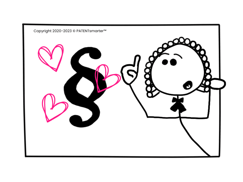 Stickman judge with raised finger looking at huge paragraph sign, which is surrounded by hearts - representing the love to intellectual property rights
