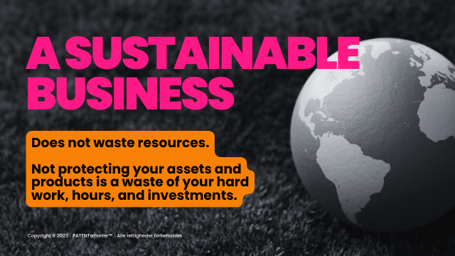 A sustainable business does not waste resources! Is written with additional text on a dark backround depicting a globe on a lawn.