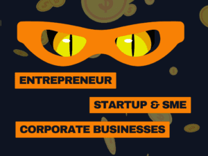 Copycat eyes looking straight at reader, money falling from the sky behind, showing text for entrepreneur, startup, sme and corporate business