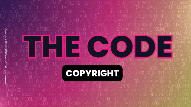 Image og a 1-0-code on pink, purple, yellow gradient background - in foreground the text the code in black with pink outline and subtitle "copyright" white lettering on black background