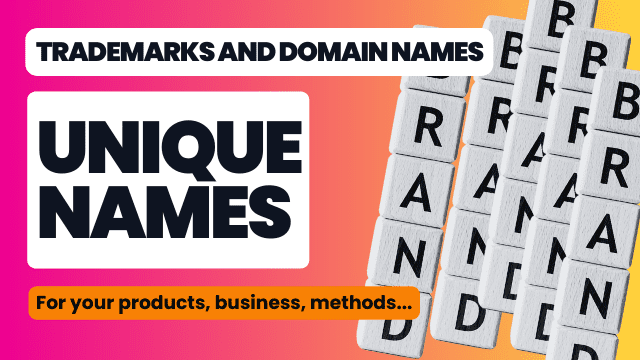 This image depicts stacked blocks with the letters "brand" stacked to the right of the following text (on orange and pink gradient background): "trademarks and domain names. Unique names for your products, business and methods... "