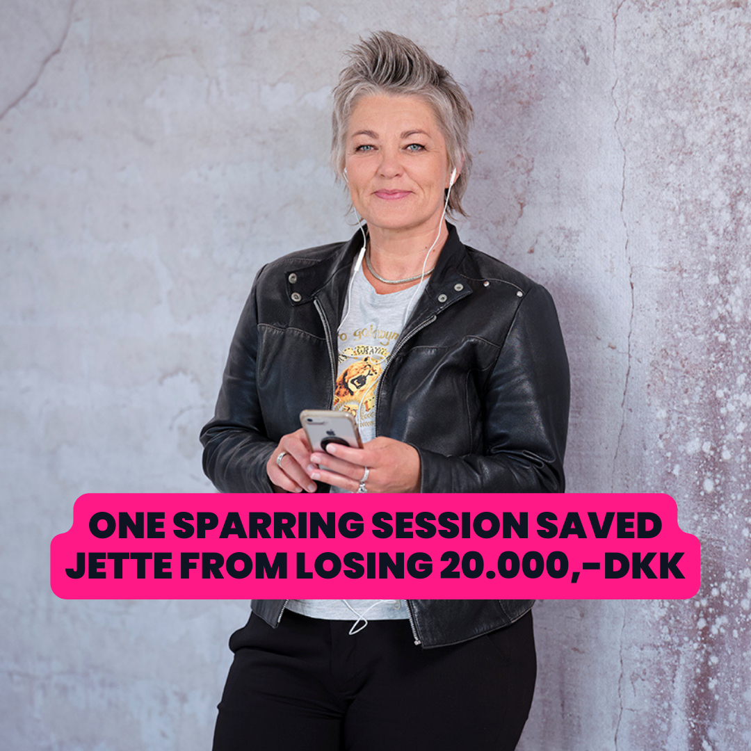 Jette heine portrait, leaning against concrete wall. Pink and dark blue statement in front: "one sparring session saved jette from losing 20. 000,-dkk