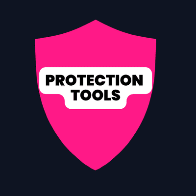 Copy-defence tools are selected from the protection type you want. The image shows the word "Protection tools, " written on a pink shield on white background for contrast. Protection tools protect against copies and thus are copy-defense tools