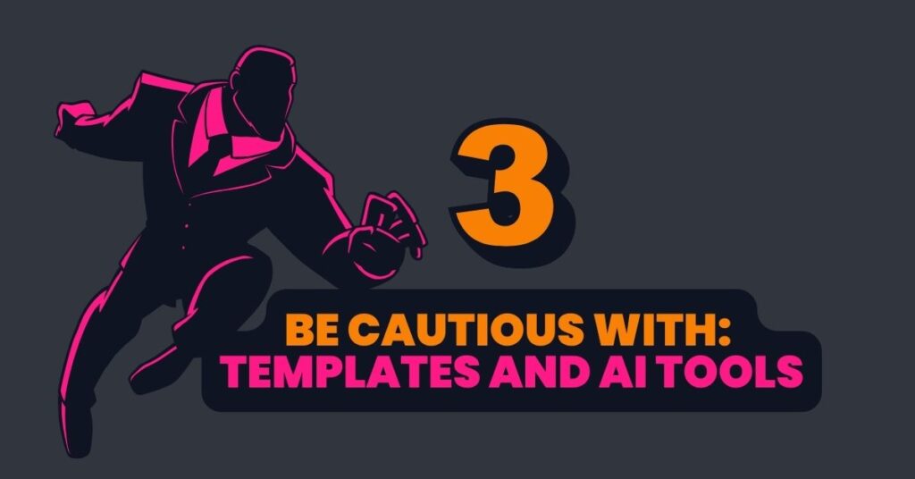Dark grey bakground, male faceless superhero behind patentsmarter™ branded 2 colored heading (pink and orange), and an orange/darkblue colored number 3: be cautious with templates and ai tools