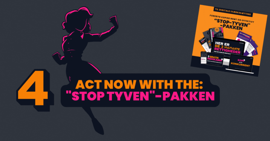 Dark grey bakground, female faceless superhero behind patentsmarter™ branded 2 colored heading (pink and orange), and an orange/darkblue colored number 4: act now with the "stop tyven"-pakken