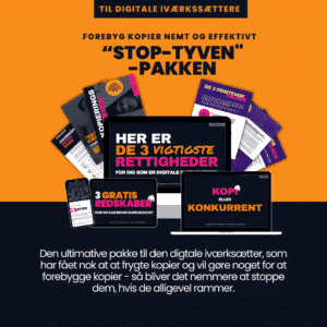 Promotional image for "Stop-Tyven"-pakken featuring digital content on preventing unauthorized copying. The background includes texts on rights, tools, and measures to tackle copying competitors.