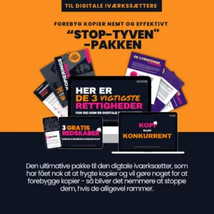 Annonceplakat for "stop-tyv-pakken" rettet mod digitale iværksættere, med forskellige dokumenter og skærmeksempler med reklametekst om beskyttelse af digitalt indhold og rettigheder.